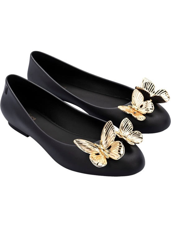 Melissa Shoes - Melissa Doll XIX Women's Black PVC Ballet Flats with Gold Butterflies  8 NEW